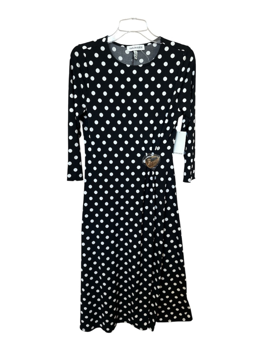 Harlow & Rose  Black & White Polka Dot Long Sleeve Dress metal brooch Size M